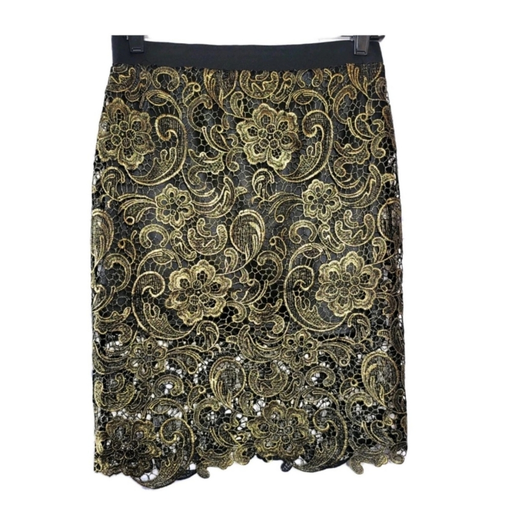 Pronto Skirt Womens Size S Gold Metallic Floral Lace Overlay Retroglam Bohemian